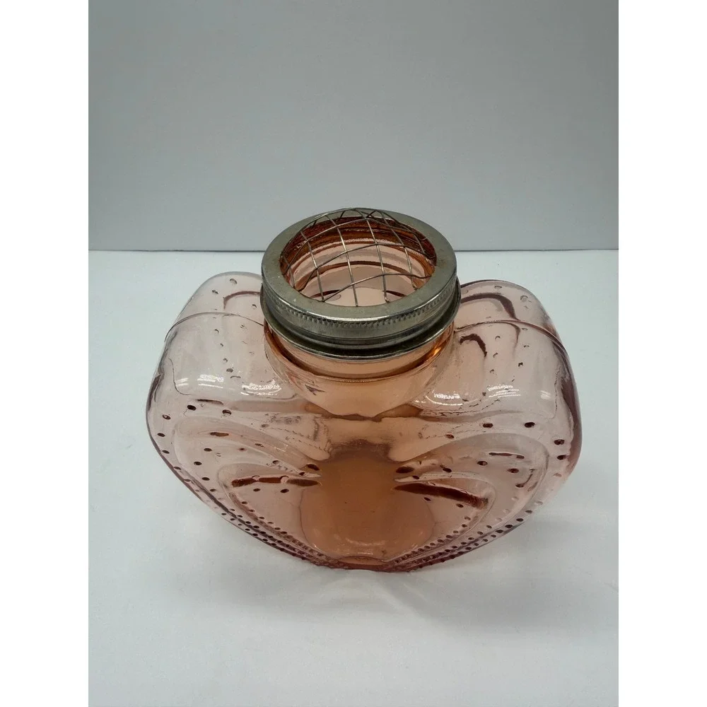 Vintage Pink Glass Heart Floral Frog Vase Embossed Hobnail Romantic Decor 6in